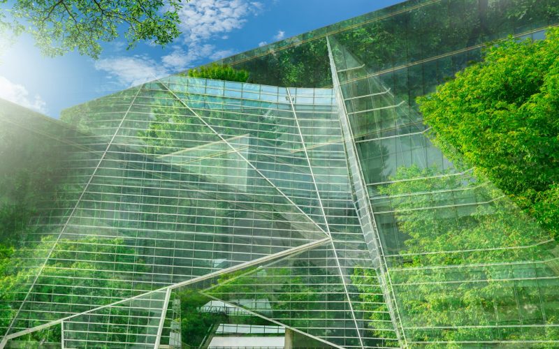 Sustainble green building. Eco-friendly building. Sustainable glass office building with tree